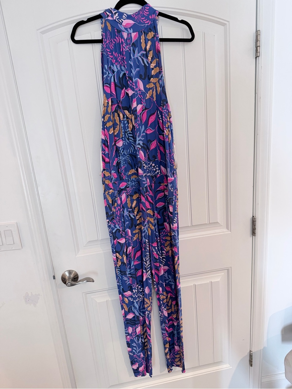 Lilly Pulitzer Blue Halter Floral Jumpsuit with Pink and Gold Leaves